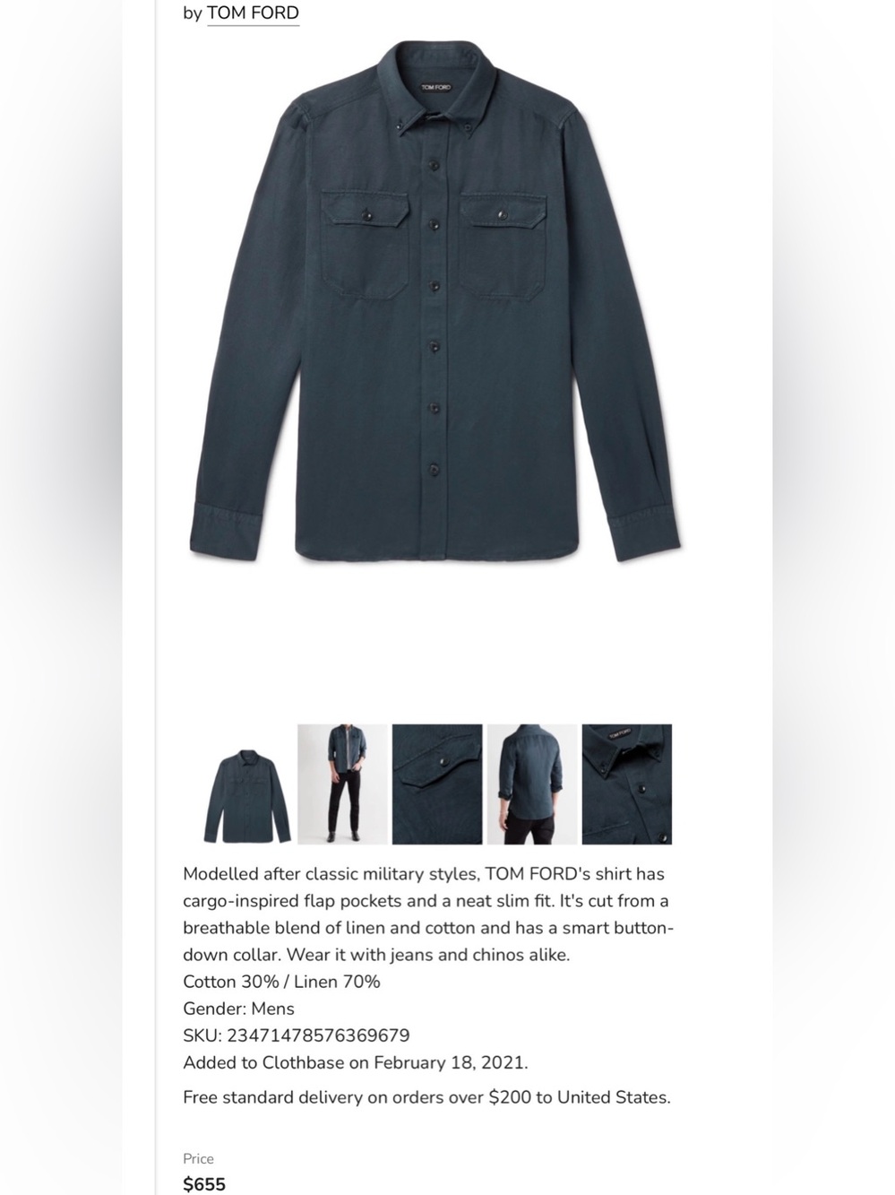 Tom Ford Military Shirt Mens 41 16 Blue Linen Cotton Button Down Luxury Large - Picture 15 of 15